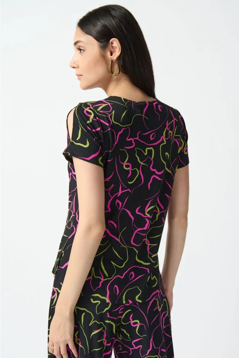 Joseph Ribkoff Black/Multi Abstract Print Mesh Yoke Insert Slit Sleeve Top 242097