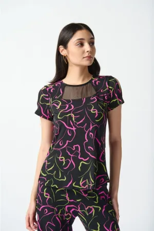 Joseph Ribkoff Black/Multi Abstract Print Mesh Yoke Insert Slit Sleeve Top 242097
