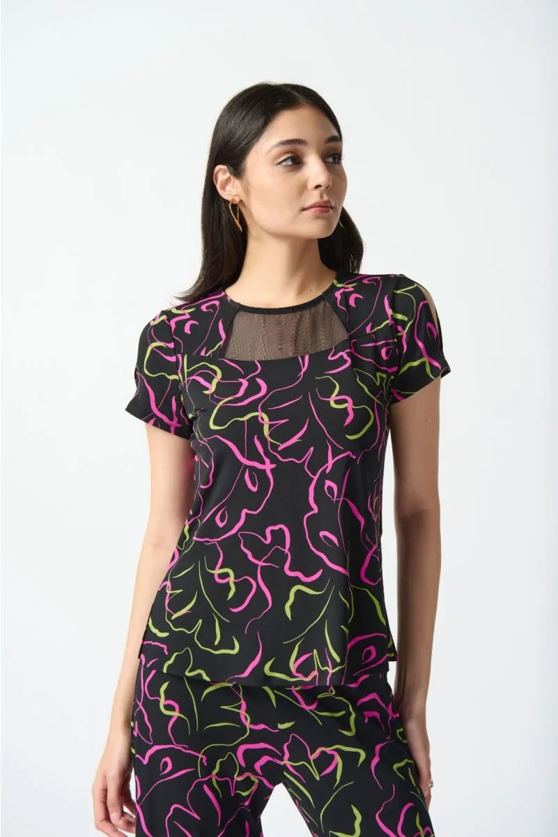 Joseph Ribkoff Black/Multi Abstract Print Mesh Yoke Insert Slit Sleeve Top 242097