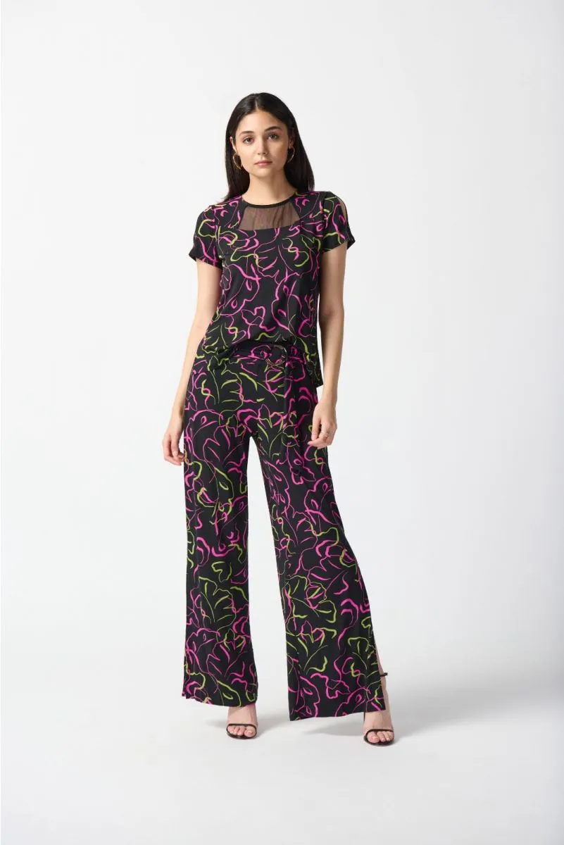 Joseph Ribkoff Black/Multi Abstract Print Mesh Yoke Insert Slit Sleeve Top 242097