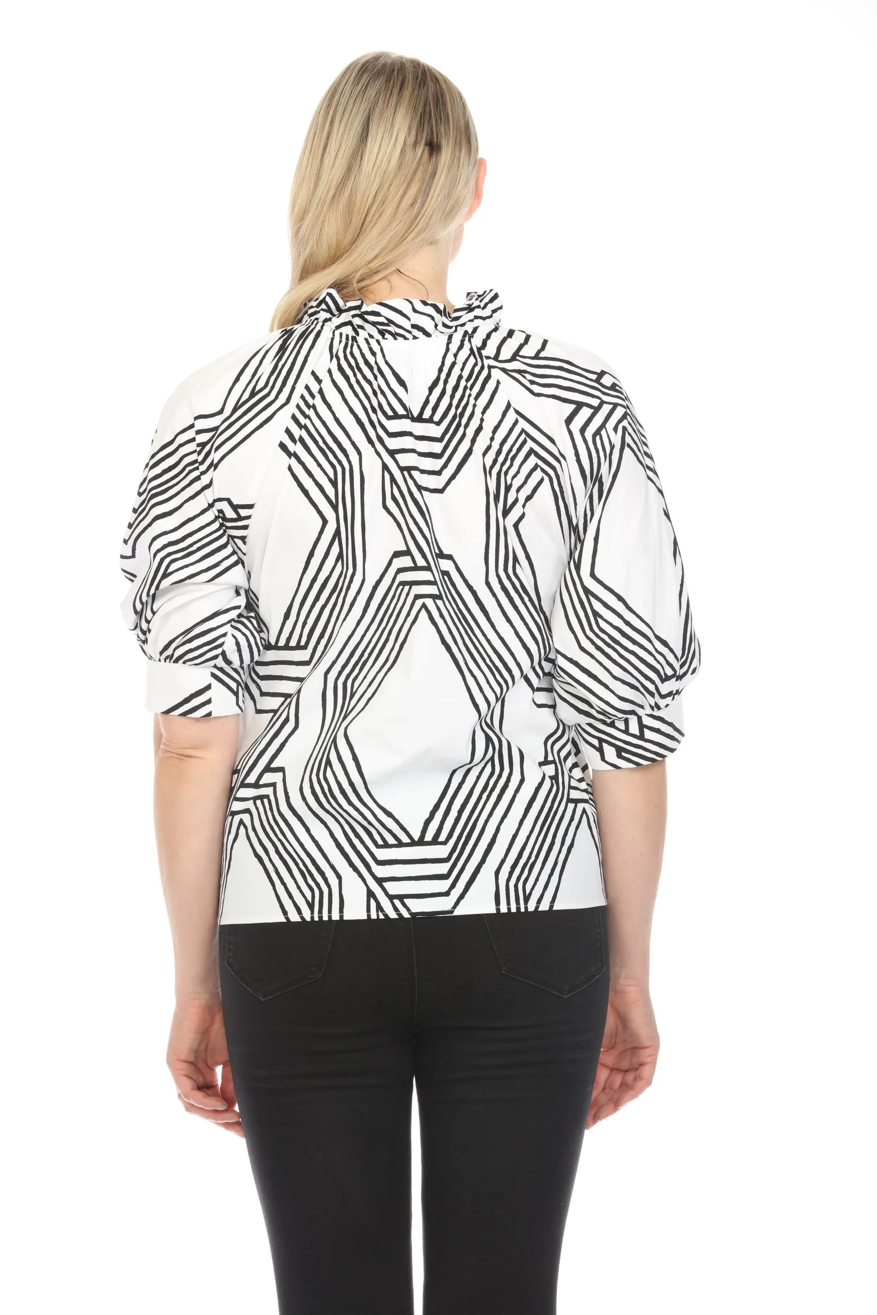 Joseph Ribkoff Vanilla/Black Geometric Print Puff Sleeve Top 242126
