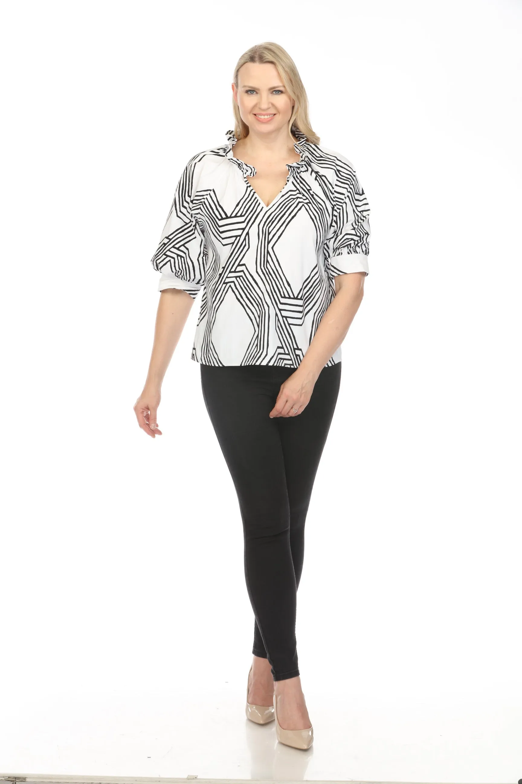 Joseph Ribkoff Vanilla/Black Geometric Print Puff Sleeve Top 242126