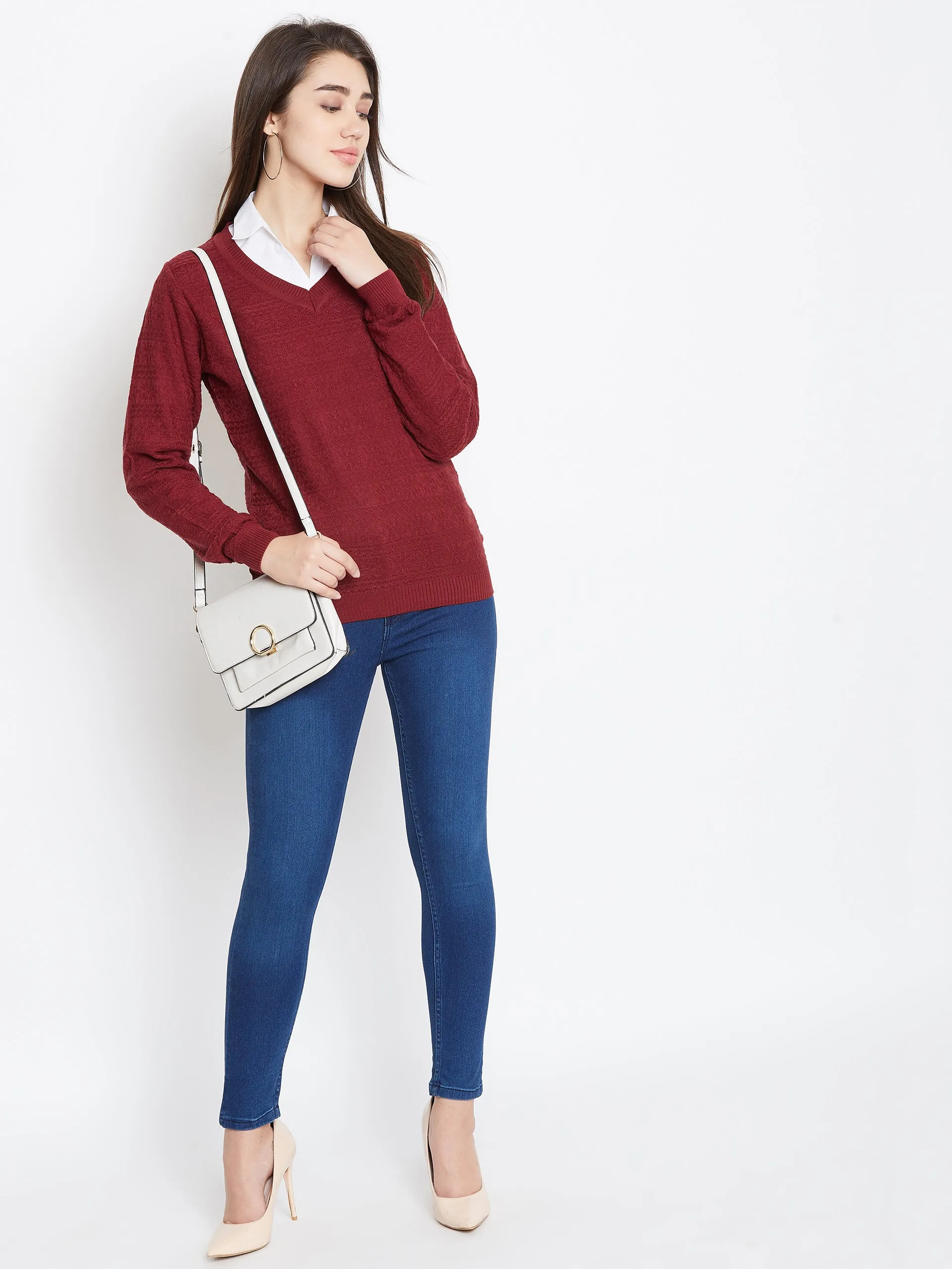 JUMP USA Women Red Self Design Sweater