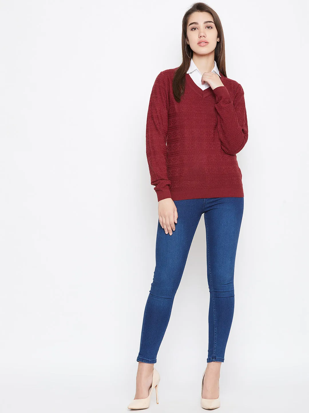 JUMP USA Women Red Self Design Sweater
