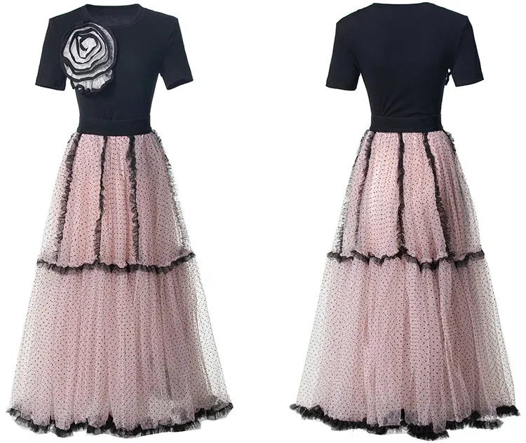 Kaori Top   Elastic Waist Dot Mesh Ruffles Long Skirt