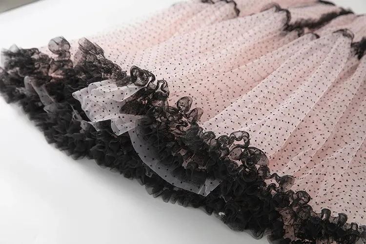 Kaori Top   Elastic Waist Dot Mesh Ruffles Long Skirt