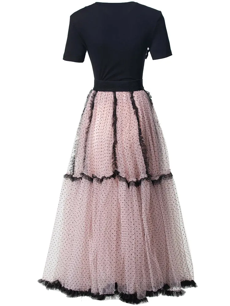Kaori Top   Elastic Waist Dot Mesh Ruffles Long Skirt