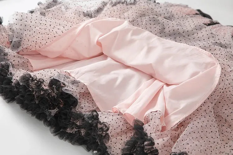 Kaori Top   Elastic Waist Dot Mesh Ruffles Long Skirt