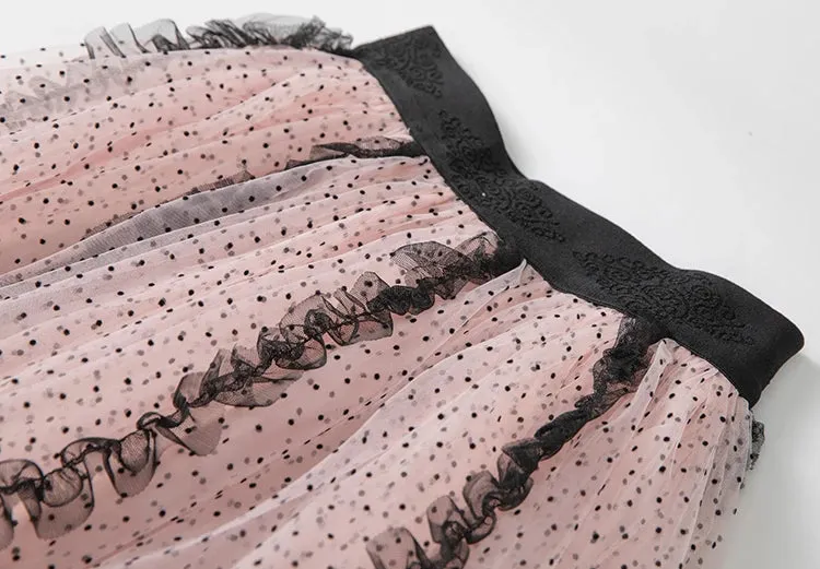 Kaori Top   Elastic Waist Dot Mesh Ruffles Long Skirt