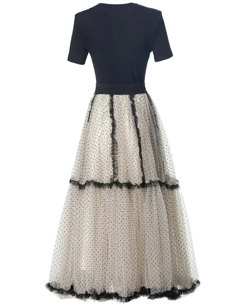 Kaori Top   Elastic Waist Dot Mesh Ruffles Long Skirt