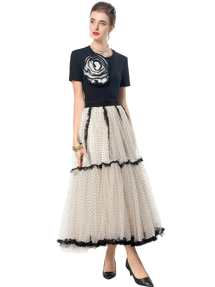 Kaori Top   Elastic Waist Dot Mesh Ruffles Long Skirt