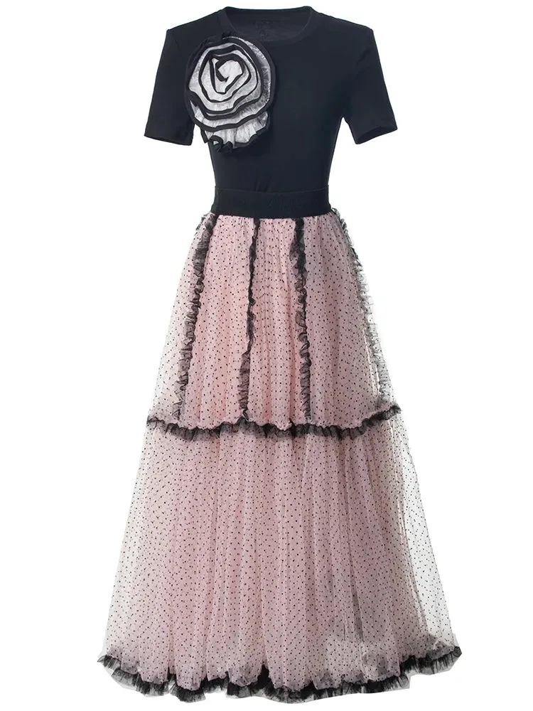 Kaori Top   Elastic Waist Dot Mesh Ruffles Long Skirt