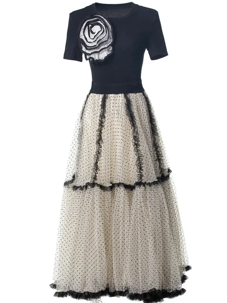Kaori Top   Elastic Waist Dot Mesh Ruffles Long Skirt