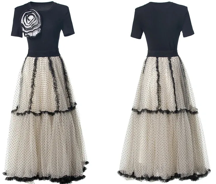 Kaori Top   Elastic Waist Dot Mesh Ruffles Long Skirt