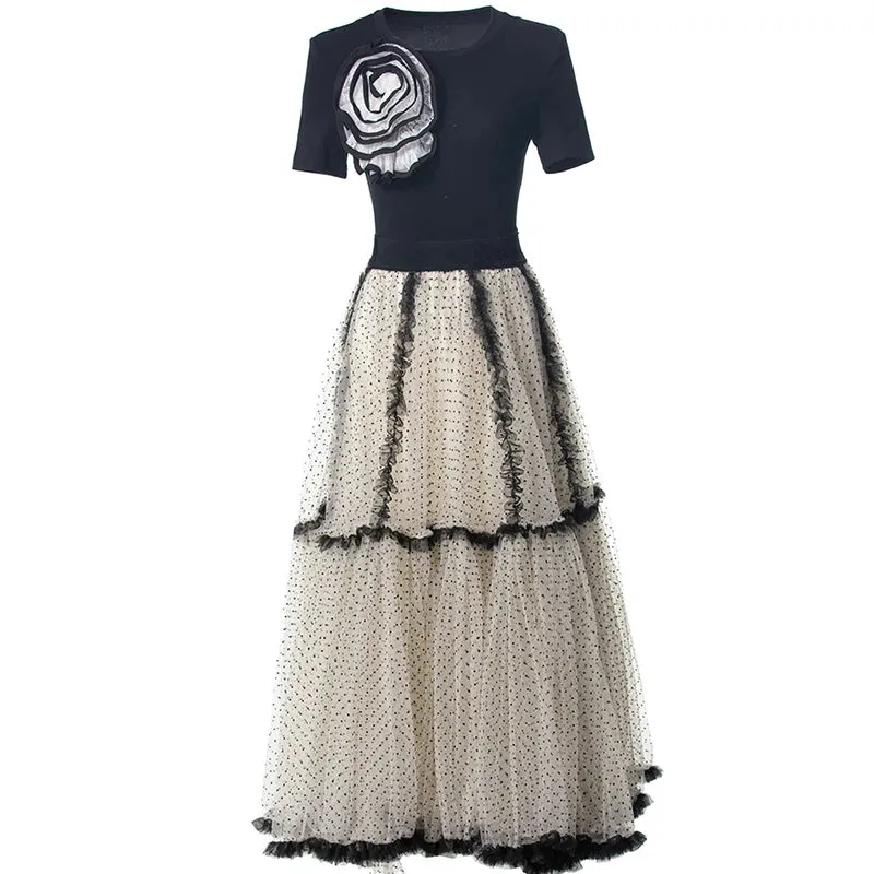 Kaori Top   Elastic Waist Dot Mesh Ruffles Long Skirt