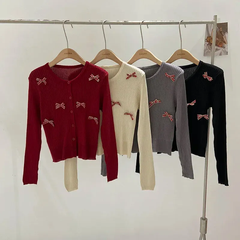 Kawaii Bow-Embellished Cardigan 🌸 | Adorable Round Neck Knit Sweater for Women 💕 | Perfect for Spring & Autumn 🍂✨