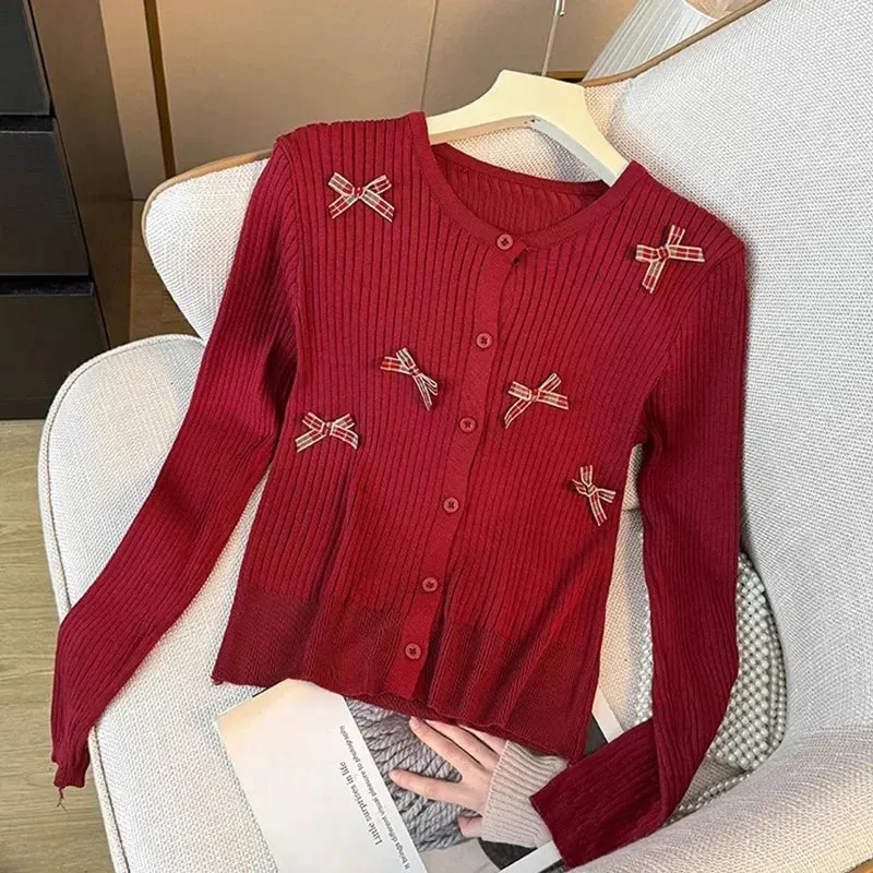 Kawaii Bow-Embellished Cardigan 🌸 | Adorable Round Neck Knit Sweater for Women 💕 | Perfect for Spring & Autumn 🍂✨