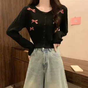 Kawaii Bow-Embellished Cardigan 🌸 | Adorable Round Neck Knit Sweater for Women 💕 | Perfect for Spring & Autumn 🍂✨