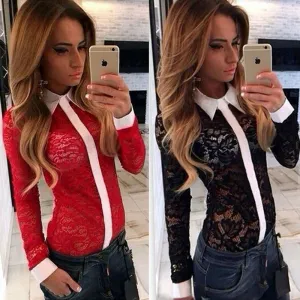 Kimono S-XL Women Blouses Patchwork Lace Long Sleeve Turn-down Collar Women Tops Floral Design Women Shirts