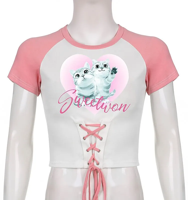 Kitties Printed Lace-Up Tops