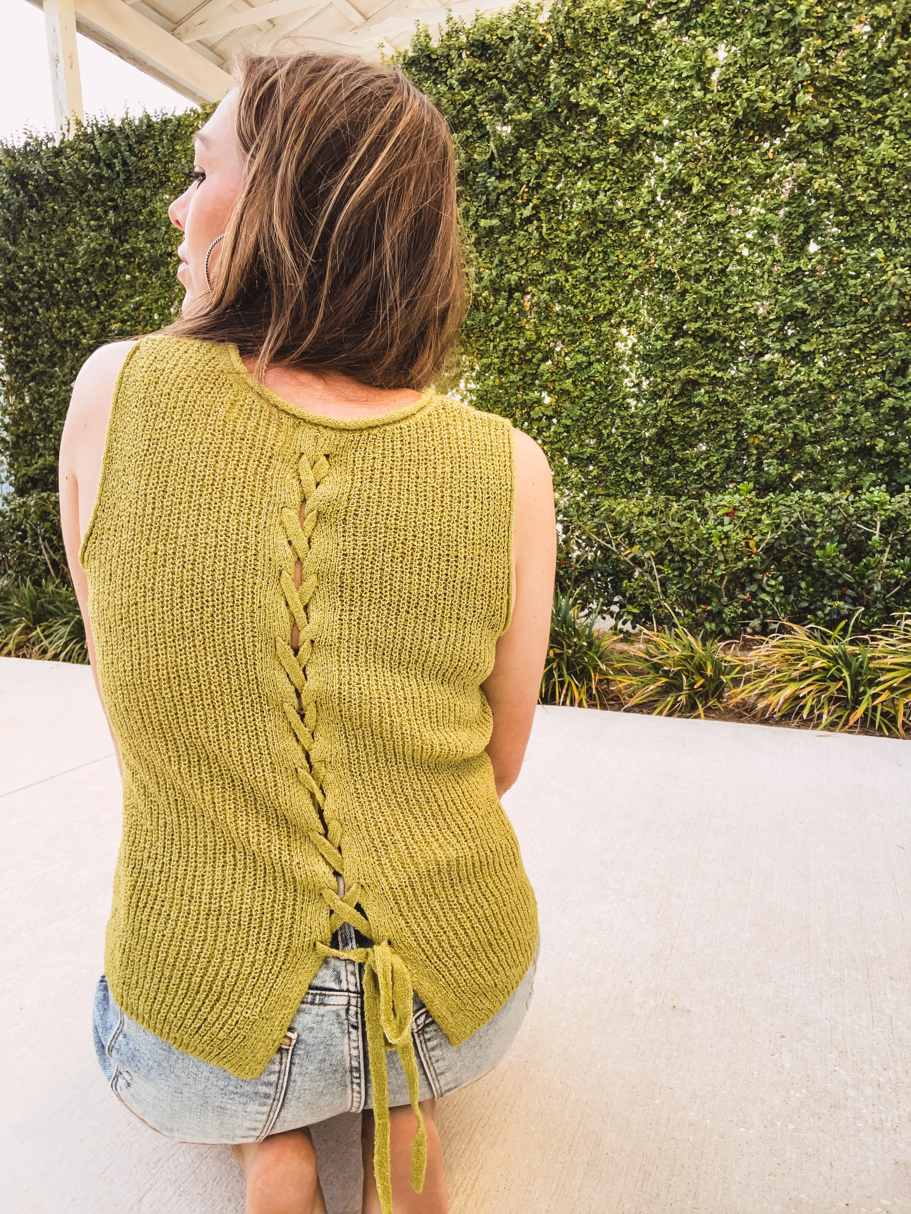 Kiwi Crochet Sweater Tank Lace Up Back