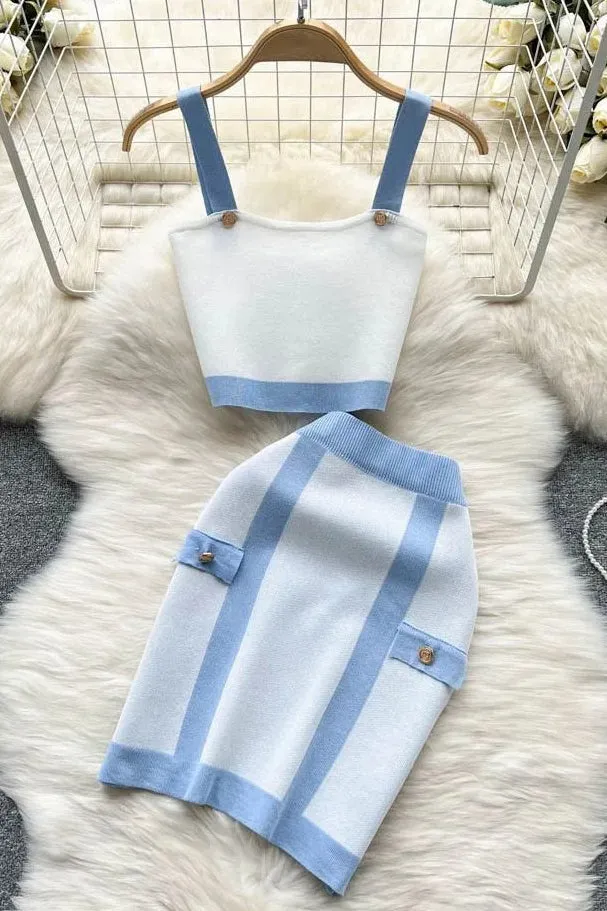 Knitting Two Piece Sets Straps Crop Tops   High Waist Wrap Hips Mini Skirts