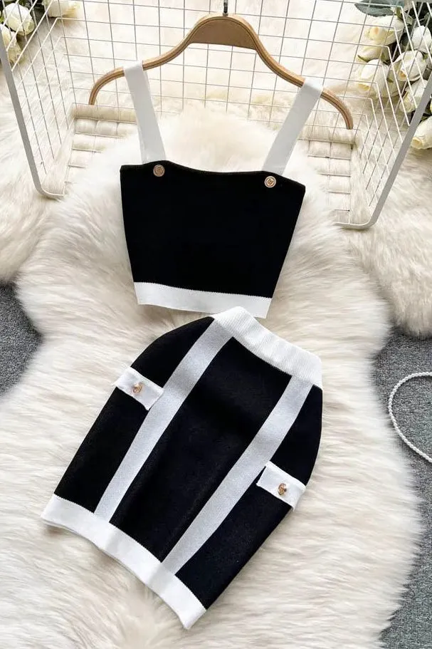 Knitting Two Piece Sets Straps Crop Tops   High Waist Wrap Hips Mini Skirts
