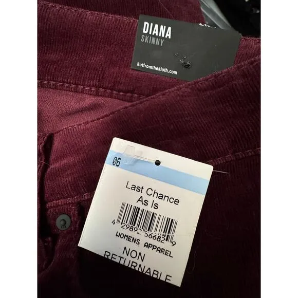 KUT FROM THE KLOTH NWT $99 Diana Skinny Corduroy Pants Burgundy