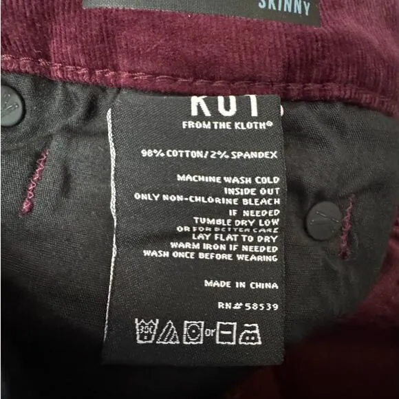 KUT FROM THE KLOTH NWT $99 Diana Skinny Corduroy Pants Burgundy