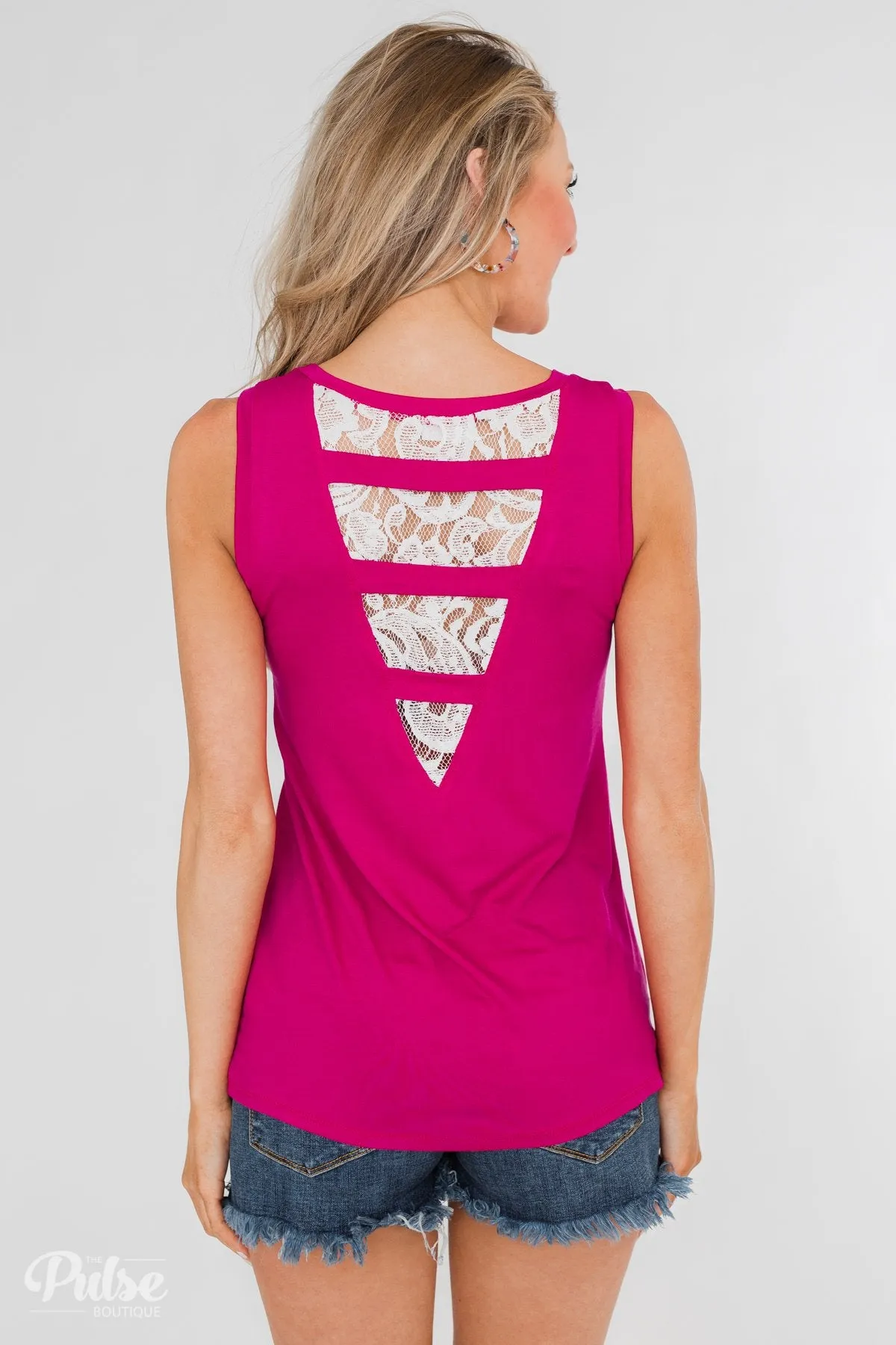 Lace Back Pocket Tank Top- Fuchsia