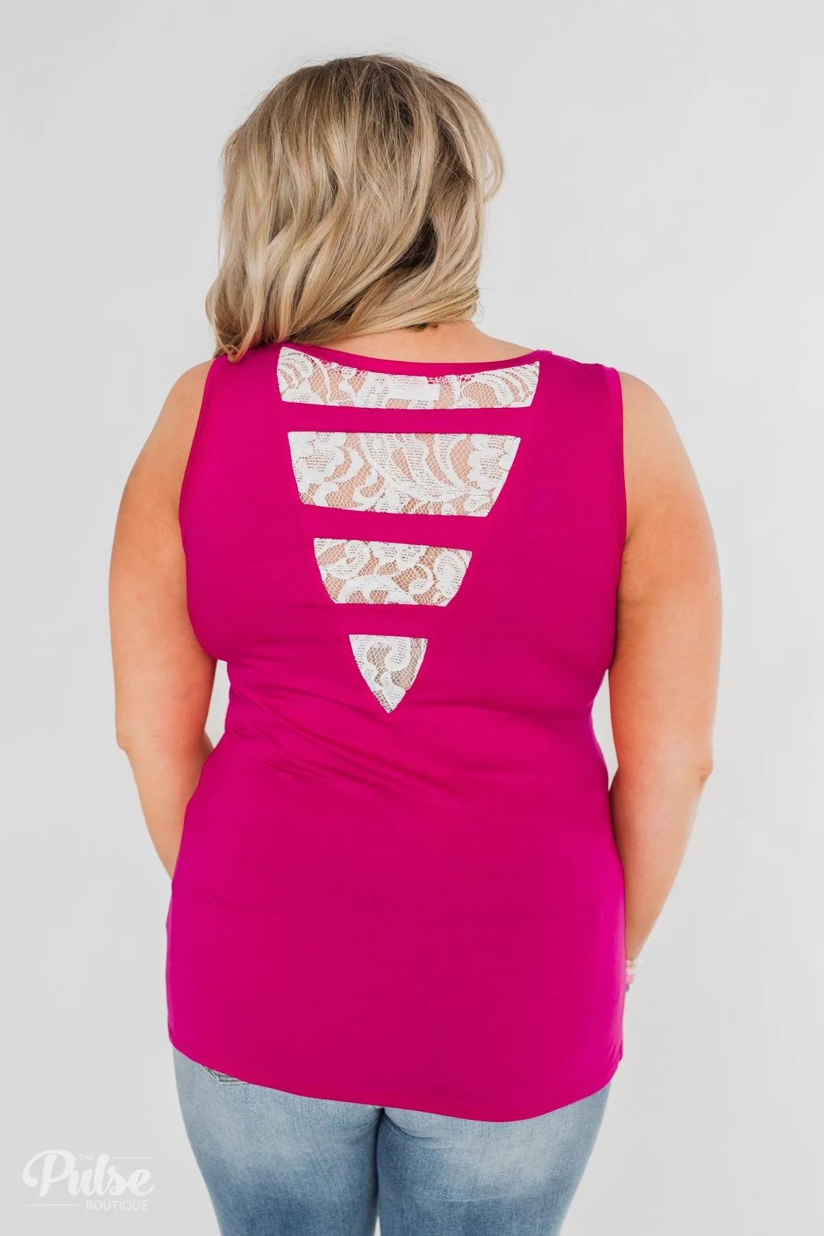 Lace Back Pocket Tank Top- Fuchsia