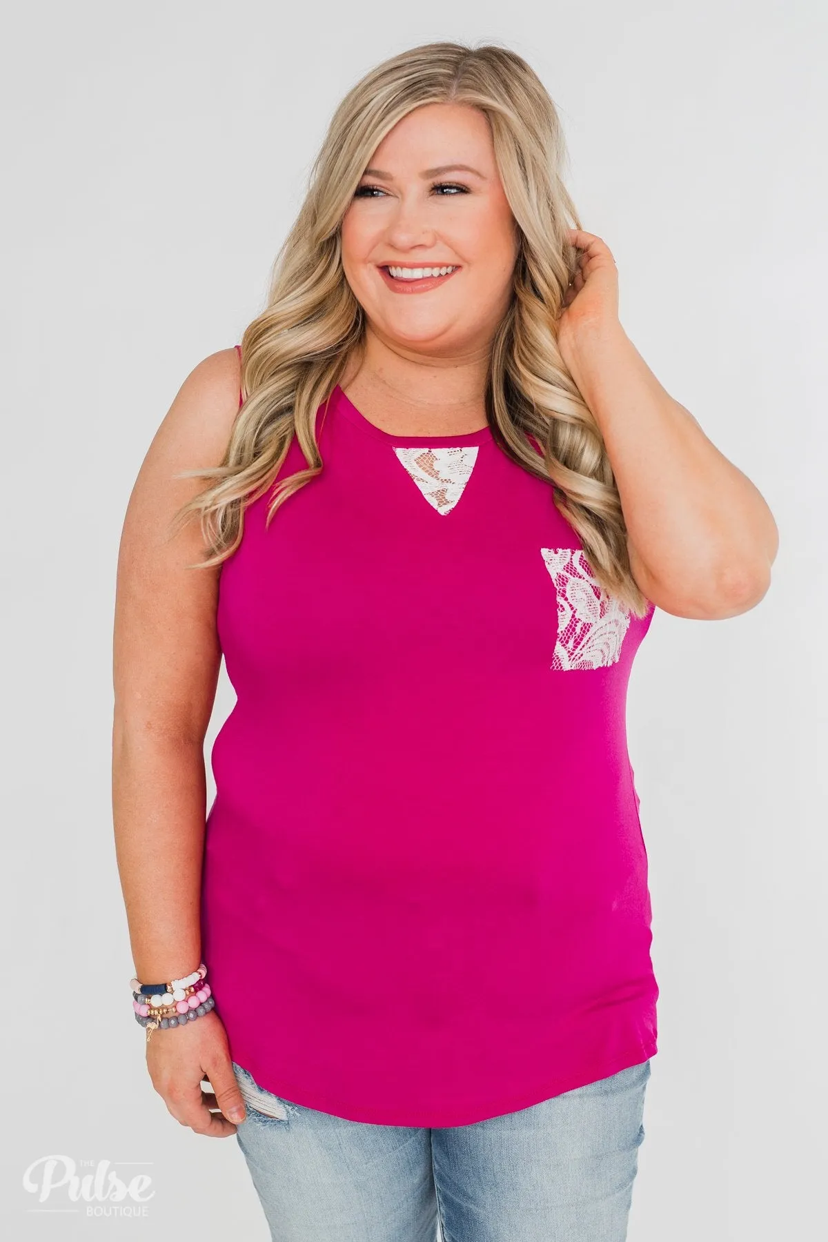 Lace Back Pocket Tank Top- Fuchsia