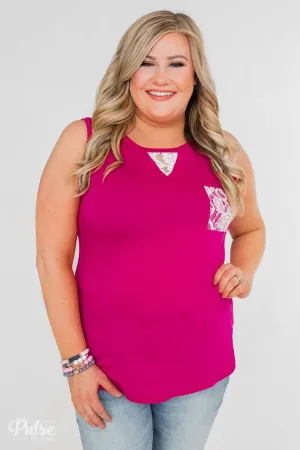Lace Back Pocket Tank Top- Fuchsia