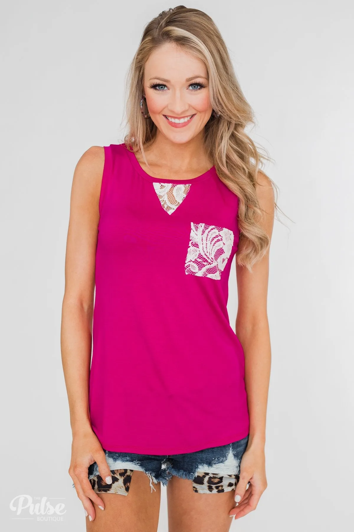 Lace Back Pocket Tank Top- Fuchsia