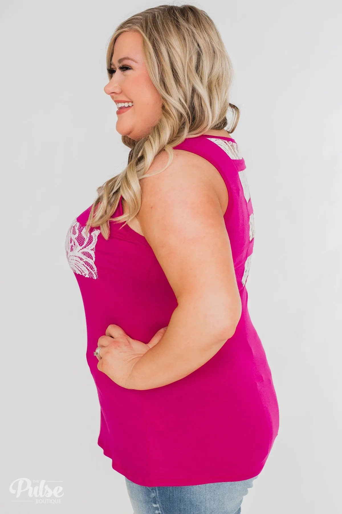 Lace Back Pocket Tank Top- Fuchsia