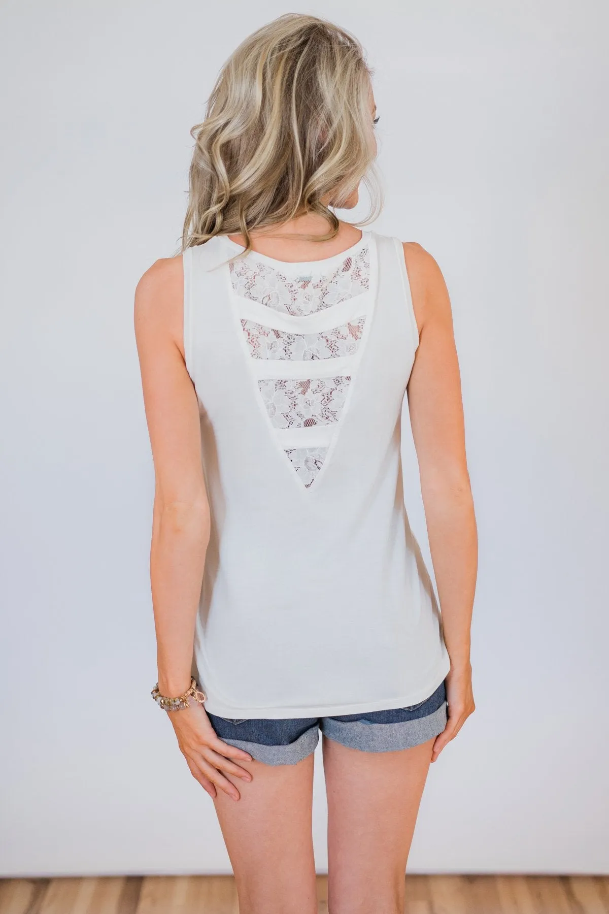 Lace Back Pocket Tank Top - Ivory