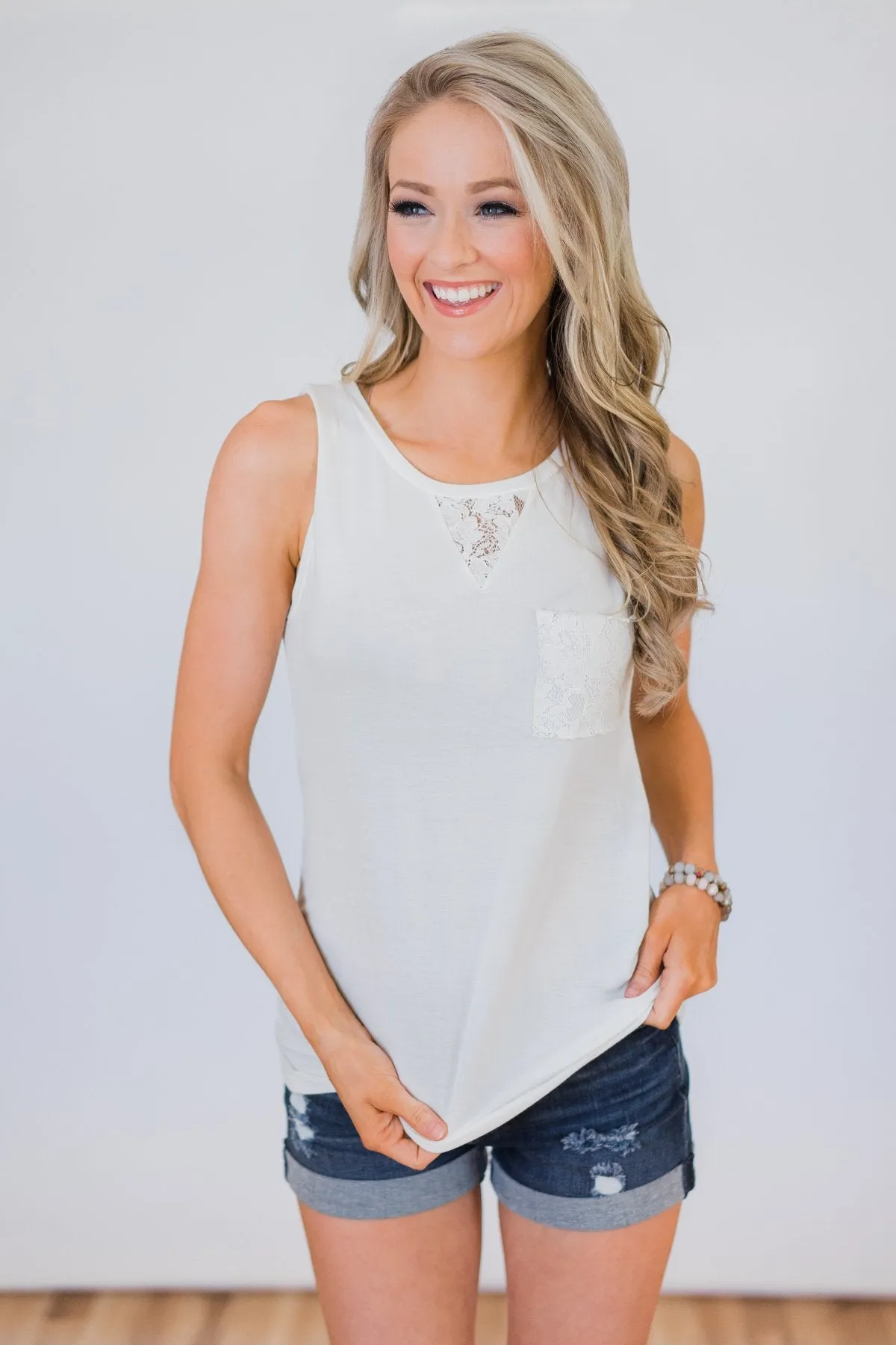Lace Back Pocket Tank Top - Ivory