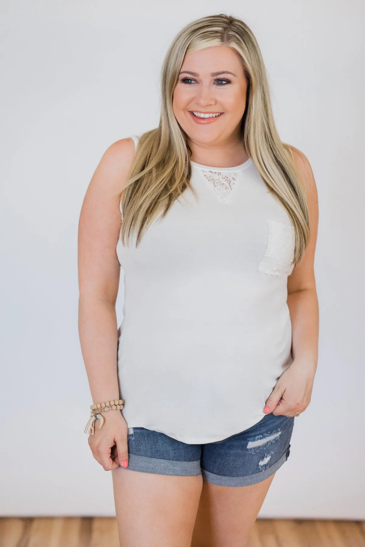 Lace Back Pocket Tank Top - Ivory