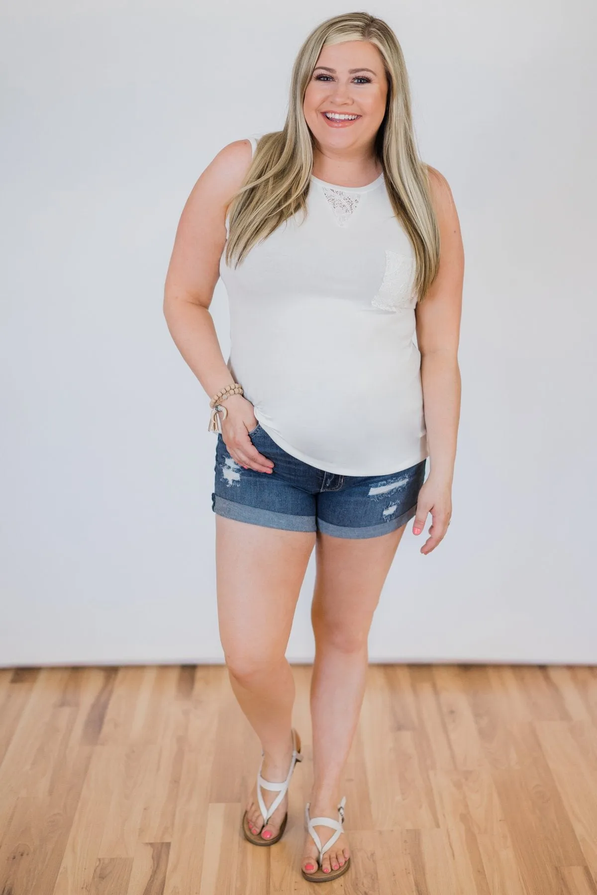 Lace Back Pocket Tank Top - Ivory