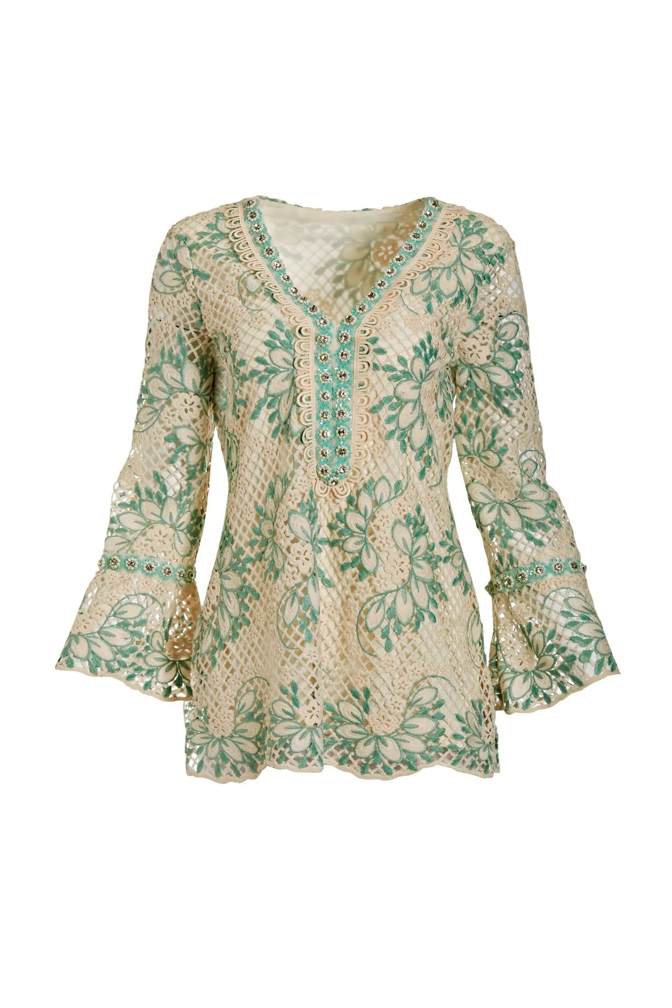 Lace Embellished Tunic Top Off White Multi
