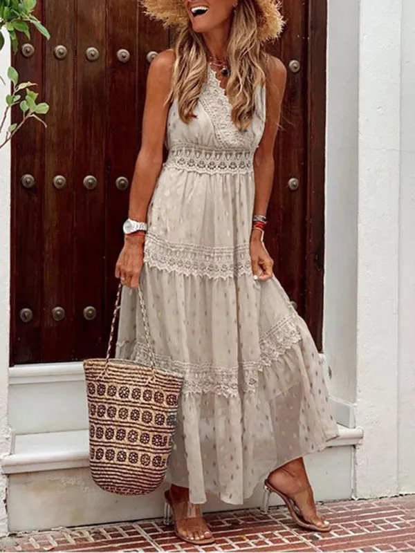 Lace-Panel Chiffon Maxi Dress with Polka Dots and Deep V-Neck