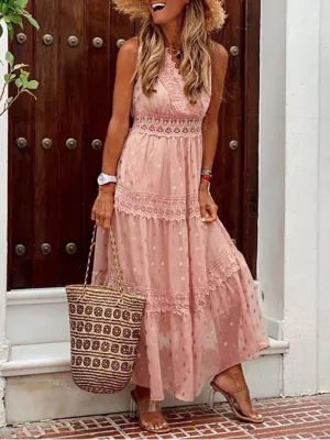Lace-Panel Chiffon Maxi Dress with Polka Dots and Deep V-Neck