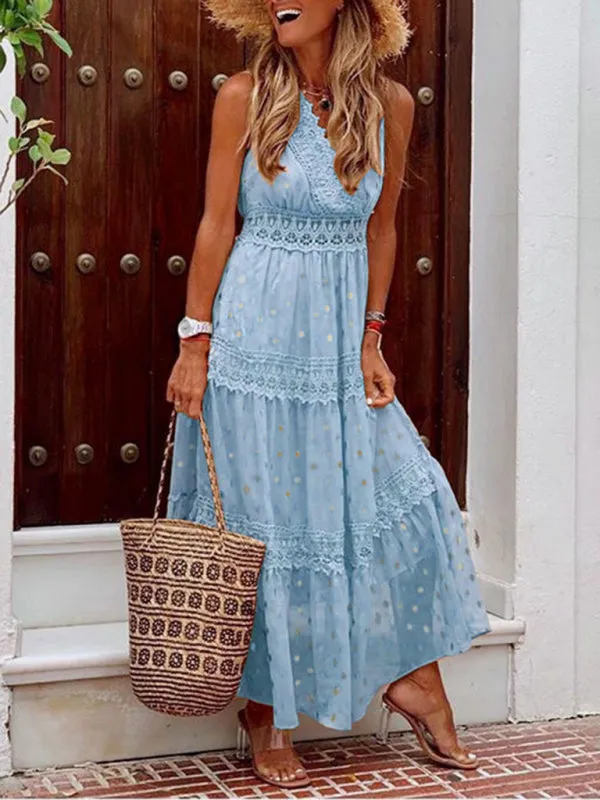 Lace-Panel Chiffon Maxi Dress with Polka Dots and Deep V-Neck
