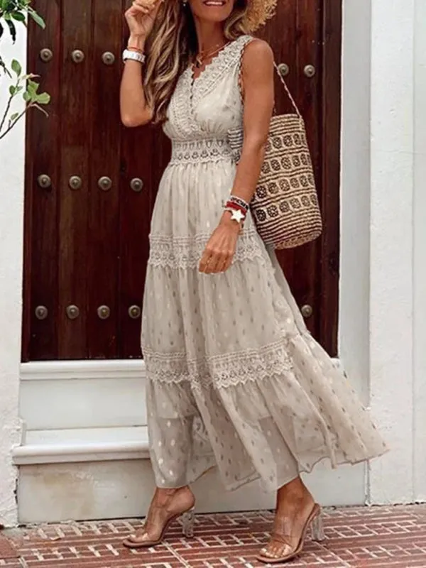 Lace-Panel Chiffon Maxi Dress with Polka Dots and Deep V-Neck