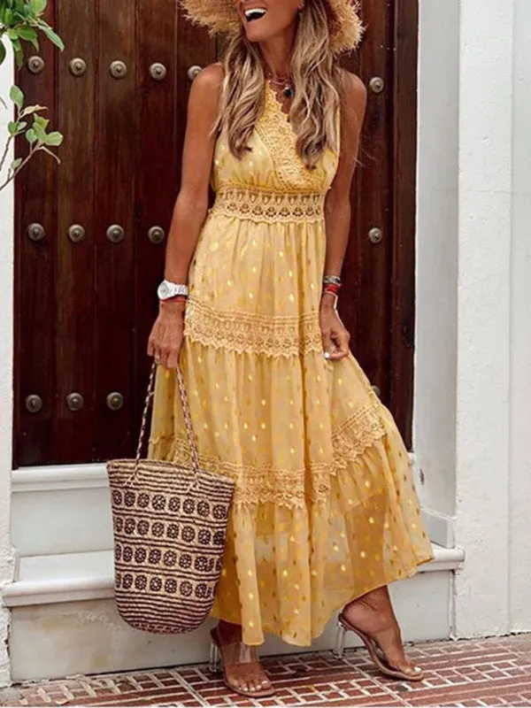 Lace-Panel Chiffon Maxi Dress with Polka Dots and Deep V-Neck