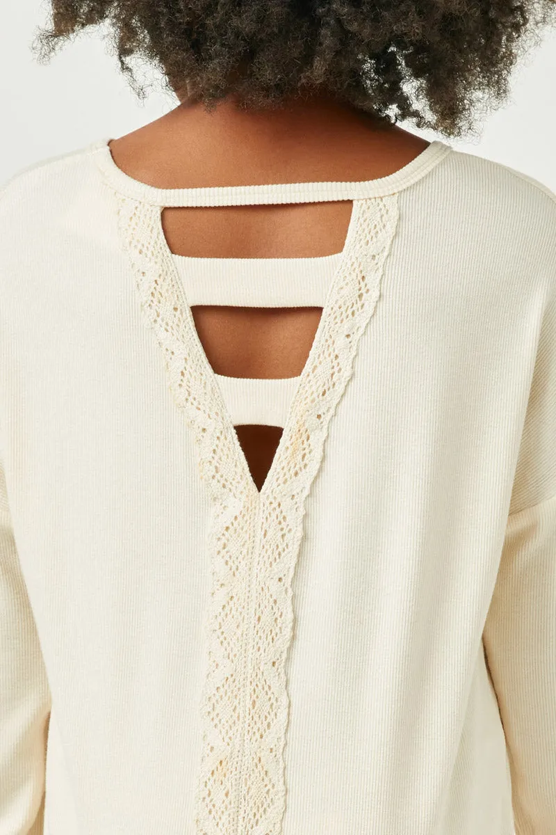 Lace Trim Back Long Sleeve Knit Top