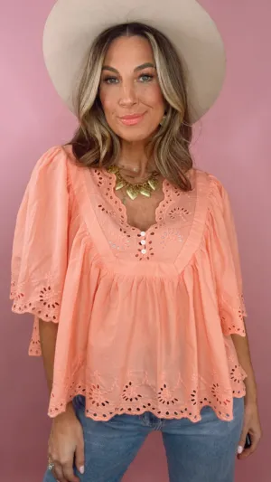 Lania Eyelet   Flutter Sleeve in Terracotta