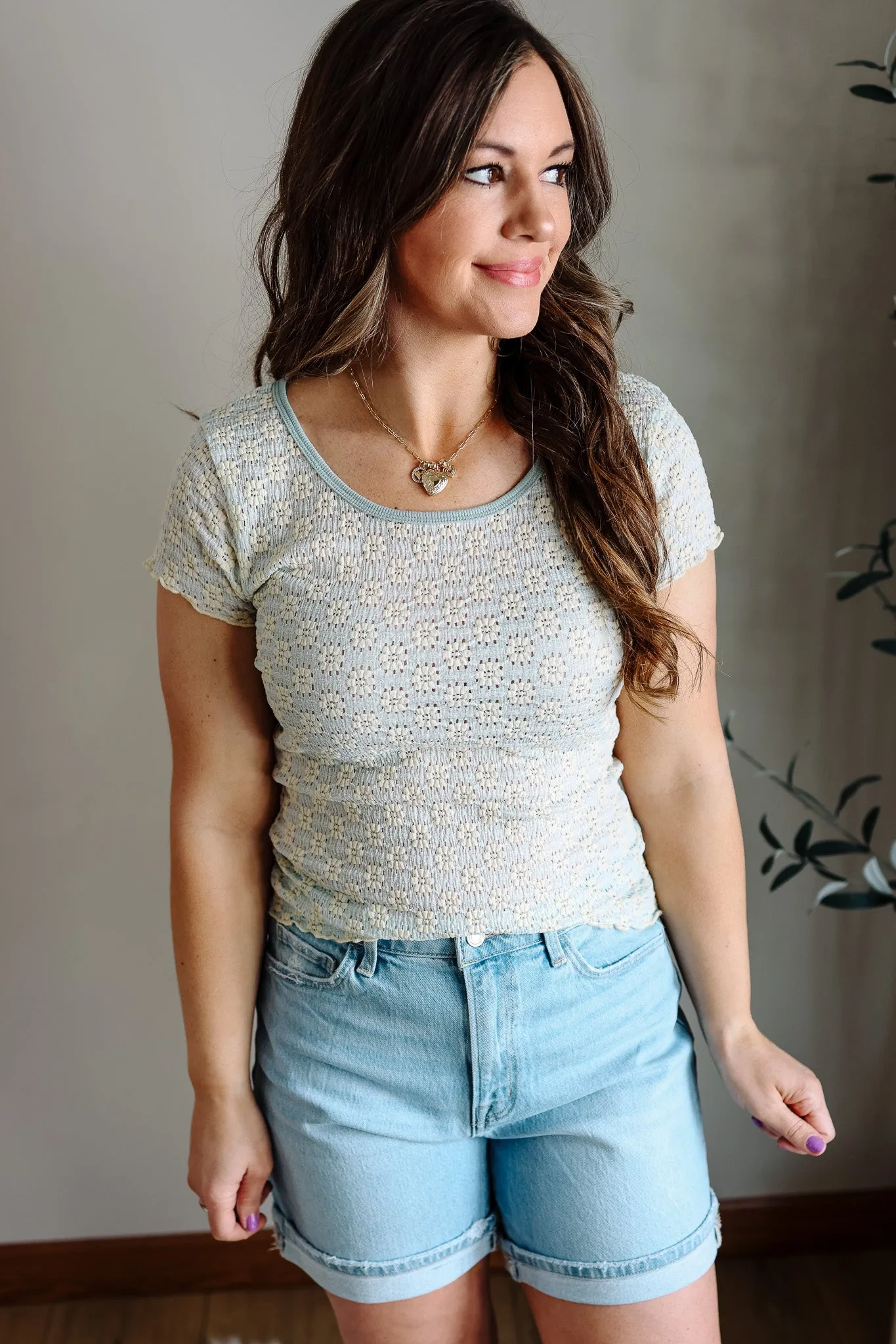 Lennox Floral Lace Cabbage Hem Tee - Aqua