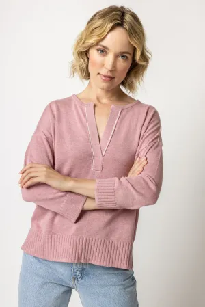 Lilla P 3/4 Sleeve Split Neck Sweater, Tuberose & Marlin