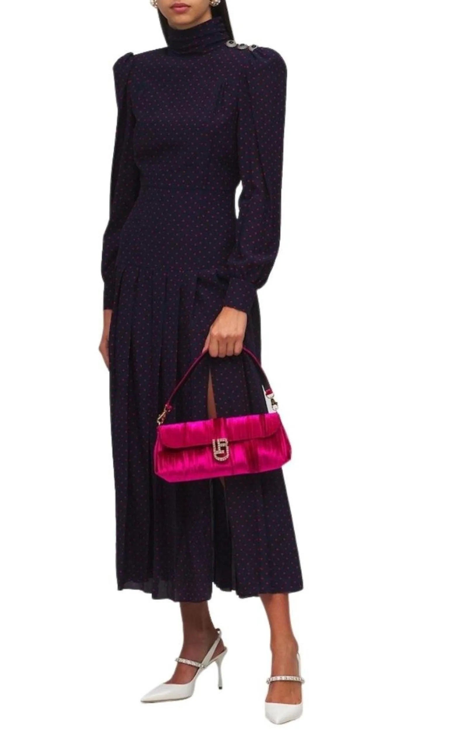 Long-Sleeve Highneck Polka-Dot Dress